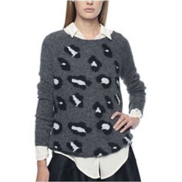 ELLA MOSS Womens Gray Leopard Sweater Rear Zip Wool-Angora Blend Soft Small S - Picture 1 of 8